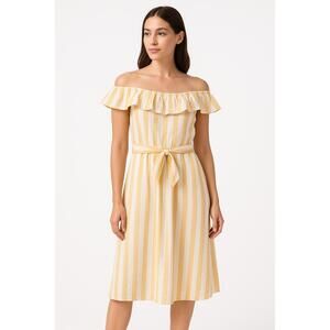 essue Dress Womens Size Medium Yellow Striped Casual Offshoulder Ruffle TieWaist